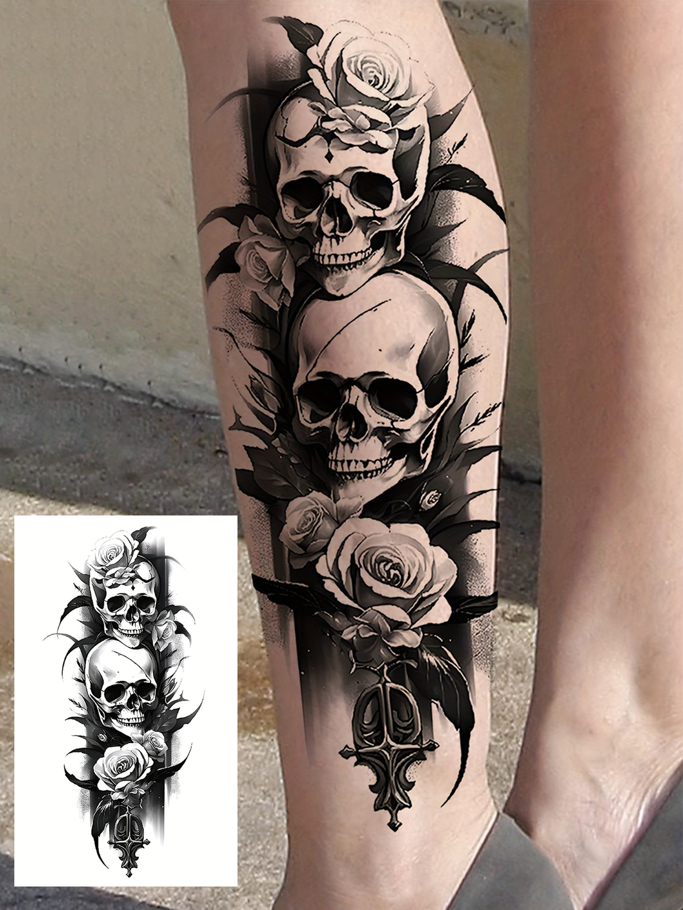 3D Skull and Rose Waterproof Temporary Tattoo Stickers